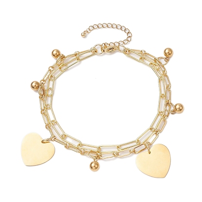 Brass Paperclip and Figaro Chains Anklets, 304 Stainless Steel Heart Charm Anklets