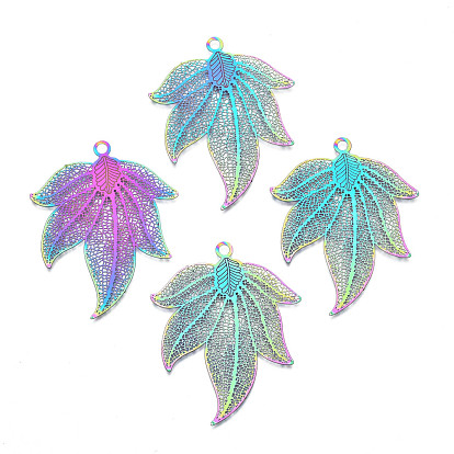 Ion Plating(IP) 304 Stainless Steel Filigree Big Pendants, Etched Metal Embellishments, Leaf