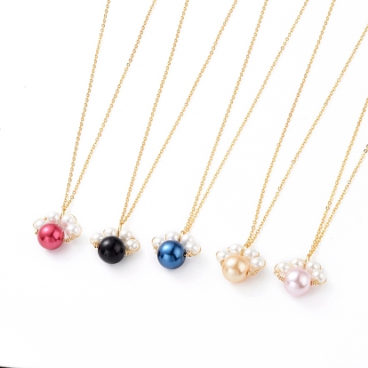 Pendant Necklaces, with Glass Pearl Round Beads, Golden Plated Brass Cable Chain and Spring Ring Clasps, Dog Paw Prints