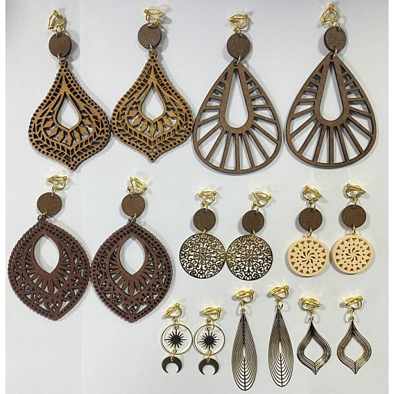 8пара латунных сережек-клипс, со сплавом, латунью и деревом