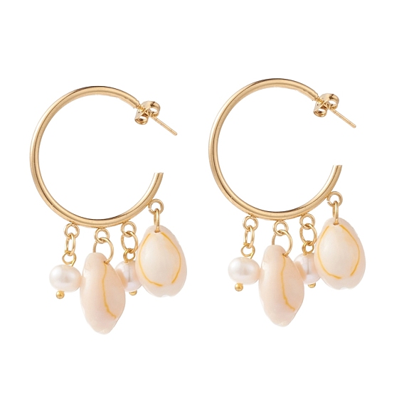 304 Stainless Steel Half Hoop Earrings, Stud Earrings, with Ear Nuts, Natural Cowrie Shell Beads and Pearl Beads, Seashell Color