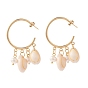 304 Stainless Steel Half Hoop Earrings, Stud Earrings, with Ear Nuts, Natural Cowrie Shell Beads and Pearl Beads, Seashell Color
