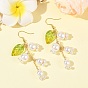 Shell Pearl & Glass Dangle Earrings, Flower with Leaf, 304 Stainless Steel Dangle Earrings for Women
