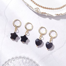 2 пары серег из латуни с синтетическим синим золотом, круглый и сердце, золотые