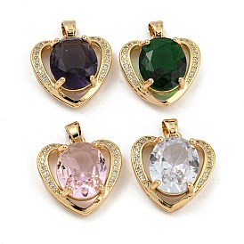 Brass Micro Pave Clear Cubic Zirconia Pendants, with Glass, Heart
