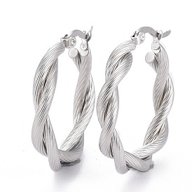 304 Stainless Steel Hoop Earring, Hypoallergenic Earrings, with Ear Nut, Textured, Twisted Ring Shape