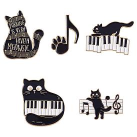 5Pcs 5 Style Cat with Music Enamel Pins, Light Gold Alloy Word Badges for Backpack Clothes