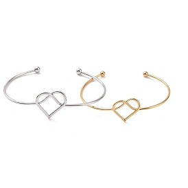 201 Stainless Steel Wire Wrap Heart Open Cuff Bangle, Torque Bangle for Women