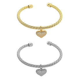Brass Micro Pave Clear Cubic Zirconia Open Cuff Bangles, Heart Charm Bangles for Women