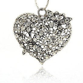 Valentines Day Unique Gift Ideas Alloy Rhinestone Heart Pendants, with Butterfly, Antique Silver, 48x49x3mm, Hole: 5mm