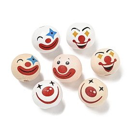 Printed Wood European Beads, Round with Clown Pattern