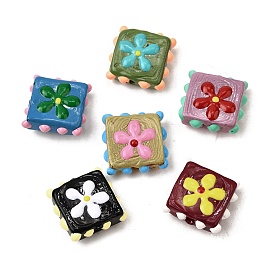 Эмалевые бусины ручной работы в технике лэмпворк, неровный квадрат с цветком