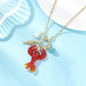 Кулон-ожерелье ручной работы в технике лэмпворк с изображением красной креветки, с 304 цепями со скрепками из нержавеющей стали