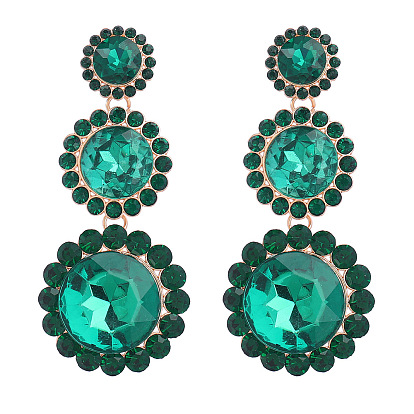 Sparkling Rhinestone & Glass Triple Flower Dangle Stud Earrings, Alloy Long Tassel Drop Earrings for Women