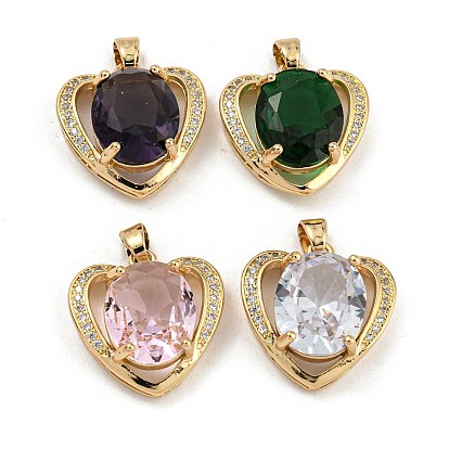 Brass Micro Pave Clear Cubic Zirconia Pendants, with Glass, Heart
