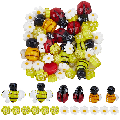 76Pcs 6 Styles Handmade Lampwork Beads, Bees & Ladybug & Flower