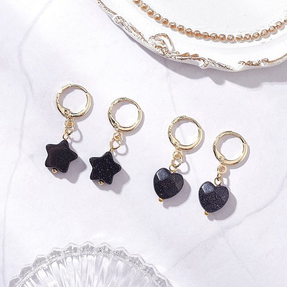 2 пары серег из латуни с синтетическим синим золотом, круглый и сердце, золотые