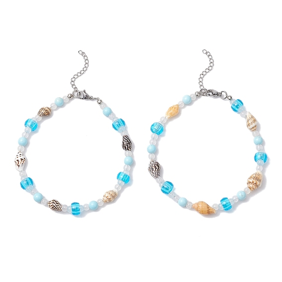 Летние пляжные браслеты для щиколотки из натуральных ракушек, стекла и синтетических бирюзовых бусин для женщин, голубой