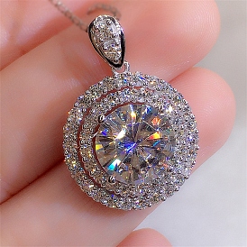 Cubic Zirconia Flat Round Pendant Necklace for Women, Brass Cable Chain Necklace