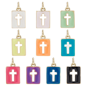 10Pcs 10 Colors Brass Enamel Charms, with Jump Ring, Real 18K Gold Plated, Long-Lasting Plated, Rectangle with Cross