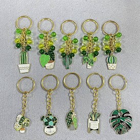 10pcs 10 styles plantes en pot porte-clés pendentif en acrylique et alliage émaillé, avec porte-clés fendus, or