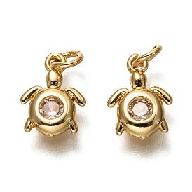 Brass Micro Pave Clear Cubic Zirconia Charms, Long-Lasting Plated, with Jump Rings, Tortoise