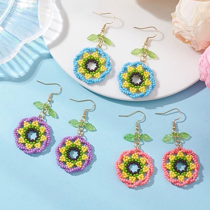 3 пары 3 цвета, бисер из стекла и 304 серьги-подвески из нержавеющей стали, цветок, с акриловой, золотые