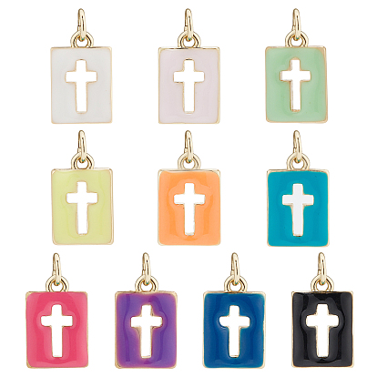 10Pcs 10 Colors Brass Enamel Charms, with Jump Ring, Real 18K Gold Plated, Long-Lasting Plated, Rectangle with Cross
