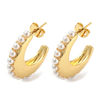 Brass Crescent Moon Stud Earrings with Plastic Pearl Beaded, Long-Lasting Plated, Cadmium Free & Lead Free