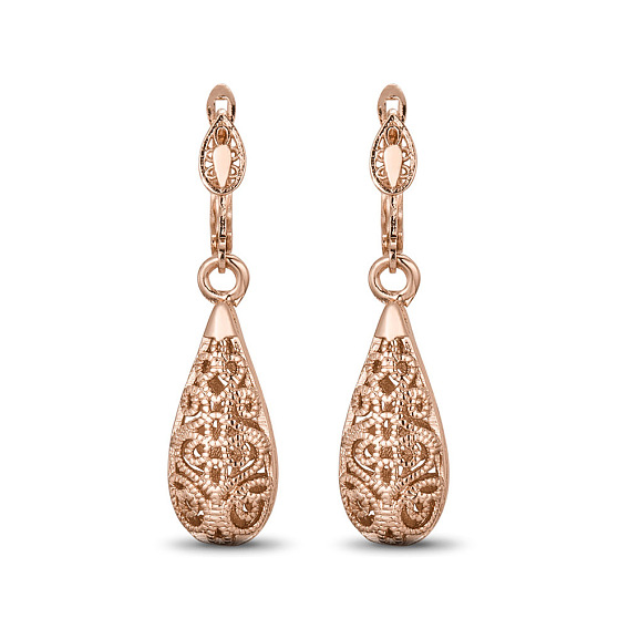 SHEGRACE Fashion Real 18K Gold Plated Dangle Brass Leverback Earrings, with Hollow Decorative Pattern Drop Pendant, 40mm, Pin: 1mm