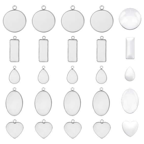 Набор для изготовления заготовок подвески своими руками, в том числе 304 подвеска из нержавеющей стали с кабошоном, Кабошоны из стекла, плоский, круглый, прямоугольный, овальный, каплевидный и сердцевидный
