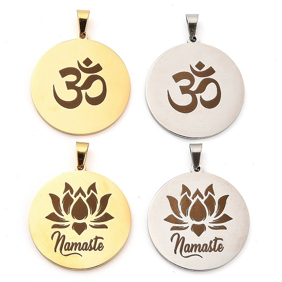 304 подвески из нержавеющей стали, плоский круглый с ом/аум и подвеской в виде лотоса