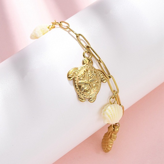 304 браслеты из тросовой цепи из нержавеющей стали, с синтетическими коралловых, ионное покрытие (ip), черепаха