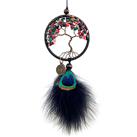 Wrapped Tree of Life Mixed Gemstone Pendant Decorations, Iron Woven Web/Net with Feather Car Hanging Decorations