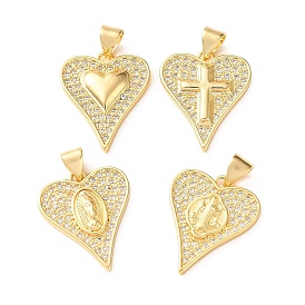 Brass Micro Pave Clear Cubic Zirconia Pendants, Heart Charms, Cadmium Free & Lead Free, Rack Plating, Long-Lasting Plated