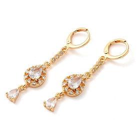 Rack Plating Golden Brass Dangle Leverback Earrings, with Cubic Zirconia, Teardrop