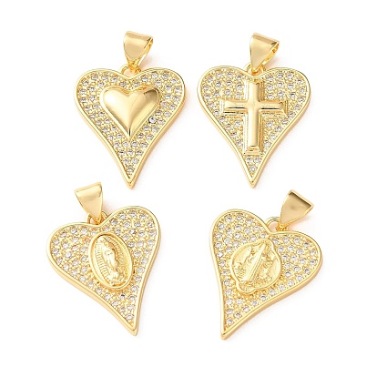 Brass Micro Pave Clear Cubic Zirconia Pendants, Heart Charms, Cadmium Free & Lead Free, Rack Plating, Long-Lasting Plated