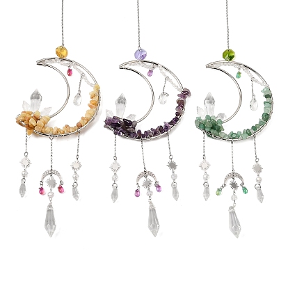 3 piezas 3 estilos luna amatista natural y aventurina verde y topacio jade y 304 atrapasoles de acero inoxidable y latón, Borla de cristal decorativa colgante con prisma de cristal para ventana y jardín.
