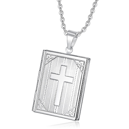 Titanium Steel Rectangle with Cross Pendant Necklace, Photo Locket Necklaces