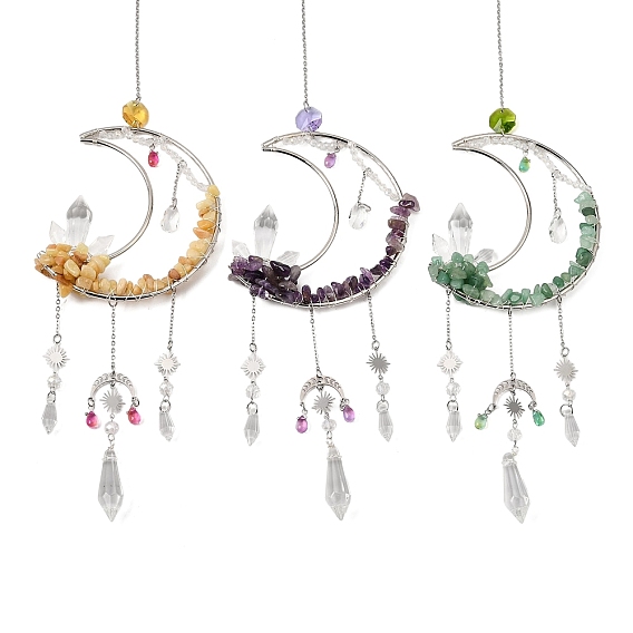 3Pcs 3 Styles Moon Natural Amethyst & Green Aventurine & Topaz Jade & 304 Stainless Steel & Brass Suncatchers, Glass Tassel Decorative Hanging Crystal Prism for Window & Garden