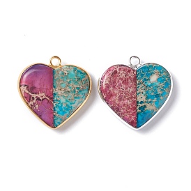 Natural Regalite/Imperial Jasper/Sea Sediment Jasper Pendant, with Brass Settings, Dyed, Two Tone, Heart
