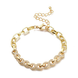 Brass Micro Pave Clear Cubic Zirconia Link Chain Bracelets, with Lobster Claw Clasps, Textured, Infinity
