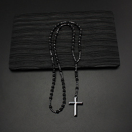 Black Labradorite & Black Hematite Pendants Necklaces, Cross