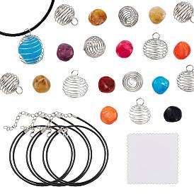 DIY Necklace Making Kits, Including 3Pcs Waxed Cord Necklace Making, 10Pcs Round Iron Wire Pendants, 10Pcs Imitation Gemstone Acrylic Beads, Silver Polishing Cloth