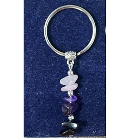 Porte-clés en pépites de quartz rose naturel, d'obsidienne et d'améthyste, avec anneaux porte-clés fendus en fer