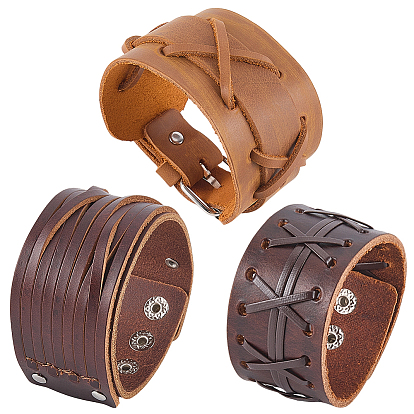 3pcs 3 styles bracelets en cordon de cuir synthétique pour hommes, avec fermoir en alliage, platine