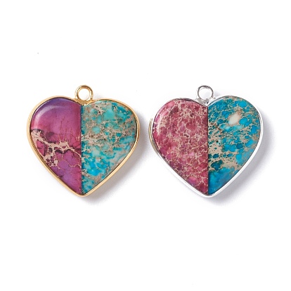 Natural Regalite/Imperial Jasper/Sea Sediment Jasper Pendant, with Brass Settings, Dyed, Two Tone, Heart