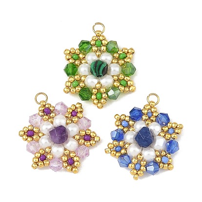 3 pièces 3 pendentifs en perles de verre et pierres précieuses naturelles mélangées, charmes de fleurs, facette, avec verre et anneau de jonction en acier inoxydable