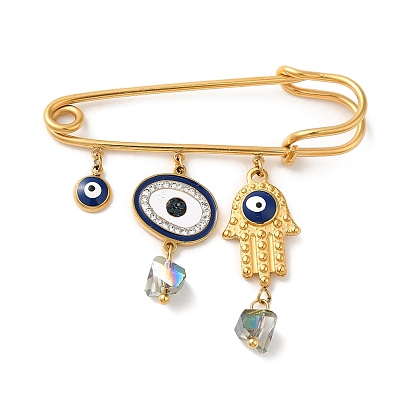 Ion Plating(IP) 304 Stainless Steel Kilt Pin, Enamel & Rhinestone & Glass Evil Eye Hamsa Hand Charm Brooch for Backpack Clothes