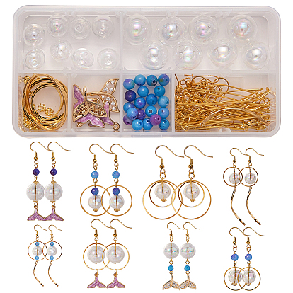 Fabrication de boucles d'oreilles bricolage, avec pendentifs en laiton et anneaux de liaison et crochets pour boucles d'oreilles, pendentifs et perles en alliage, Des billes de verre, Pendentifs en acier inoxydable, perles de jade blanc naturel, Fer Pin